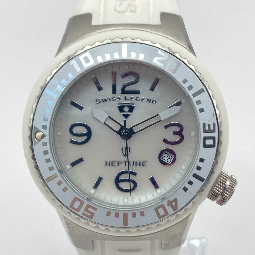 Swiss Legend Neptune Women's Watch 44mm White MOP Dial Date WR New Battery 8.5"
